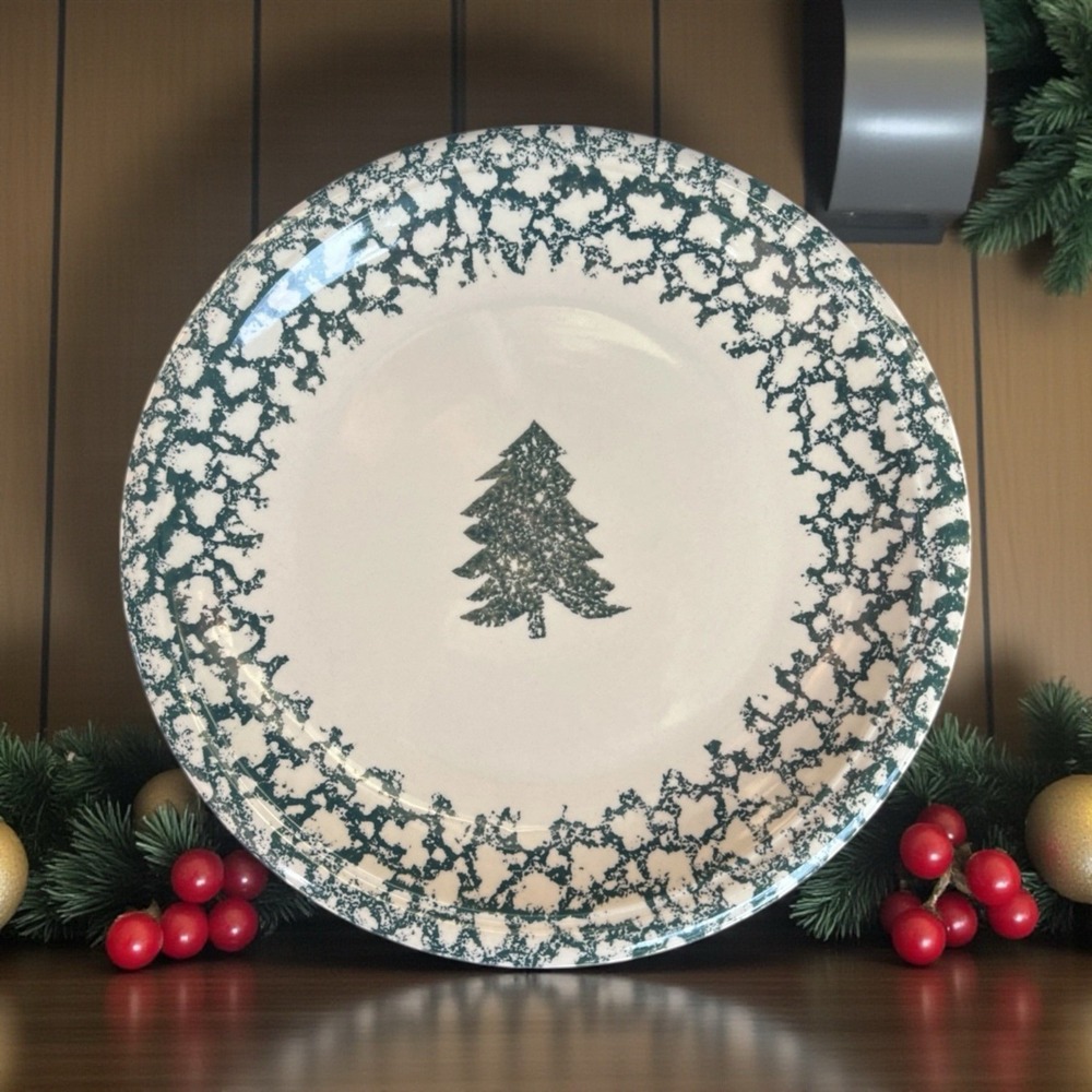 Tienshan Folk Craft Winter Wonderland 12.25" Serving Platter Green Sponge Tree